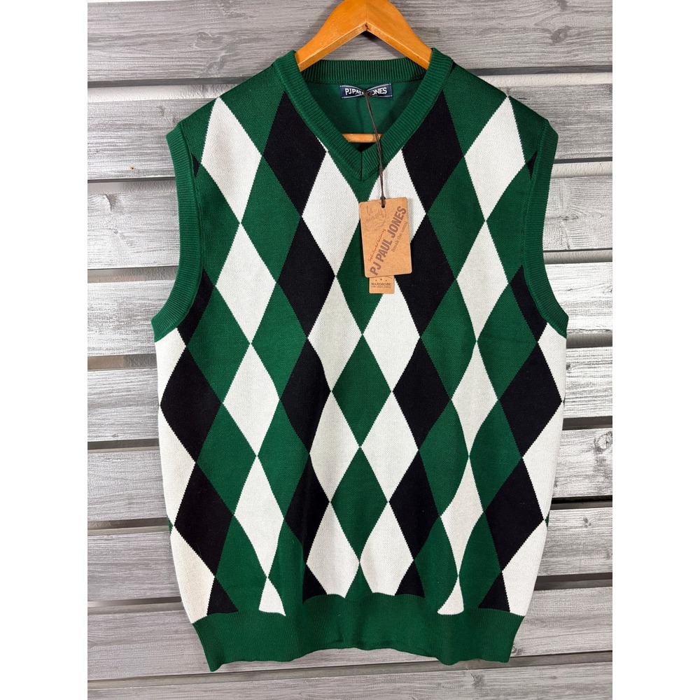 PJ Paul Jones Mens Argyle Sweater Vest Green Black White V-Neck XL/L New